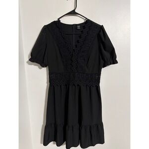 Loness Black Crochet Lace V-Neck Mini Dress Puff Sleeve Size M